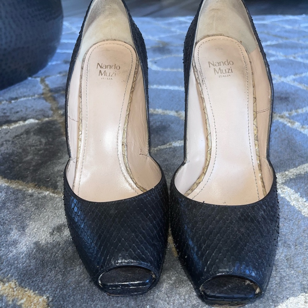 Nando Muzi Black Snakeskin Peep-Toe Heels
